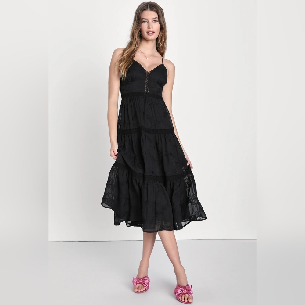 Lulus Forever Your Darling Black Embroidered Lace Backless Midi Dress